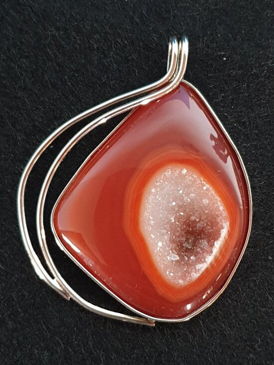 One-of-a-Kind Vintage Natural Banded Red Druzy Agate Sterling Silver Pendant - Picture 1 of 12